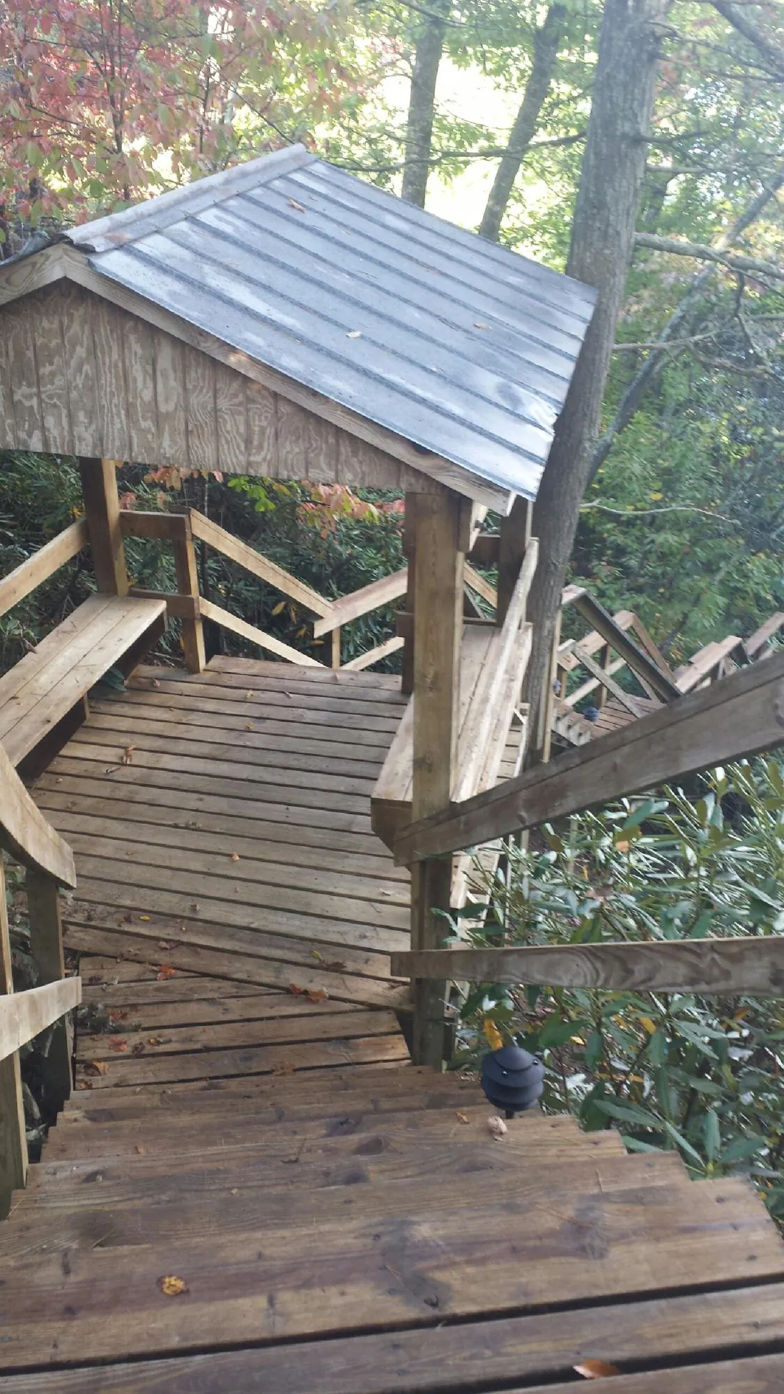 Metal roofed shelter over wooden steps on a wooded walkway — Skylight Repair & Installation work by our crew in Ansonia